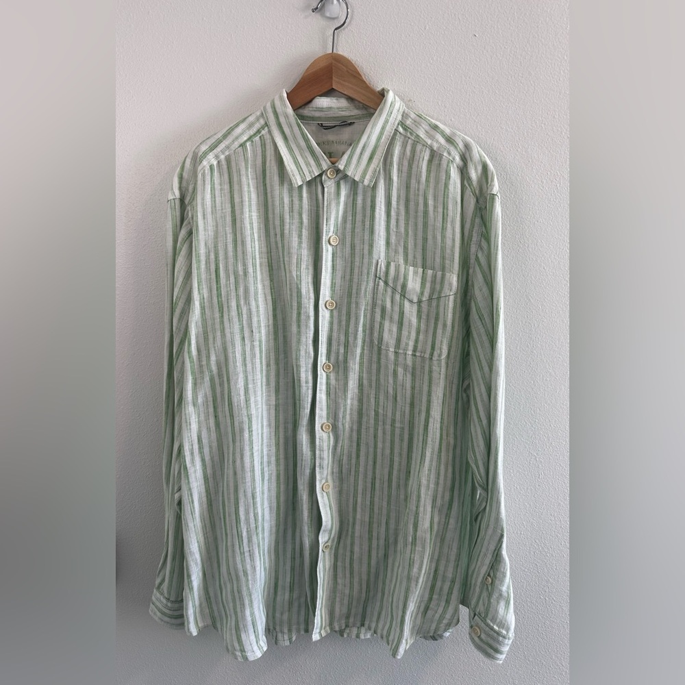 Tommy Bahama 100% Linen Relax Button Down - Lime Green & White Striped - XL